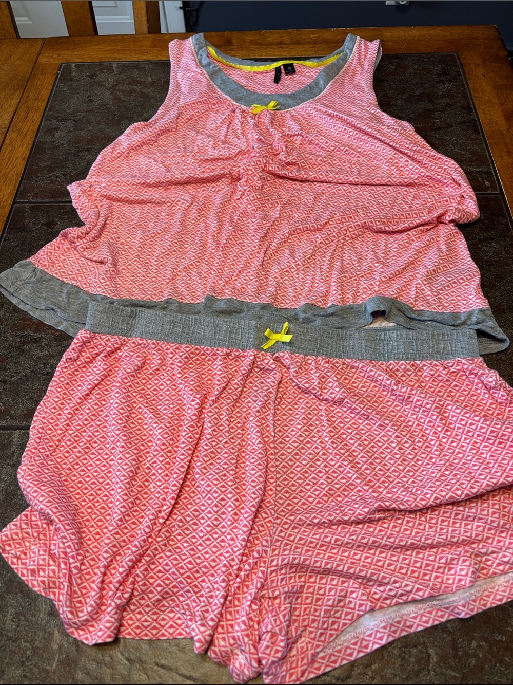Kensie Pink Geo-Print Tank & Short Sleep Set with Gray Trim and Yellow Accents